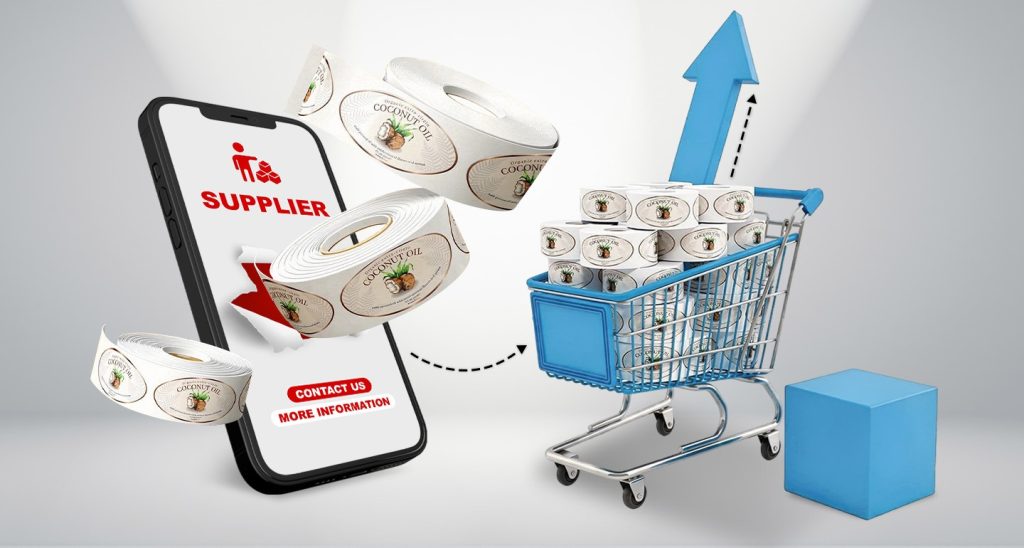 Online supplier ad: coconut oil rolls flow from a phone into a blue shopping cart filled with cans, with a rising arrow overhead.