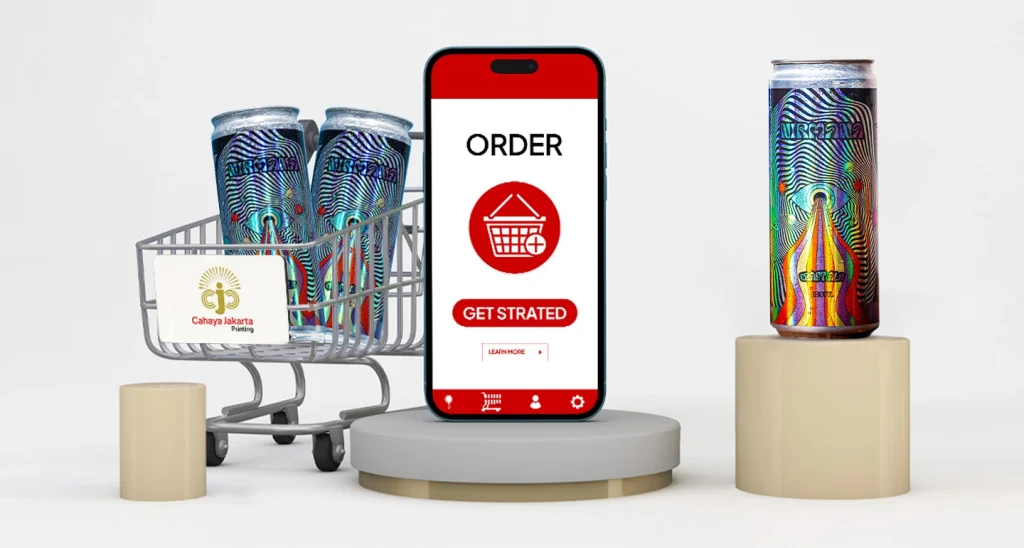 Phone screen shows a red-accented 'ORDER' interface with a red 'GET STARTED' button, flanked by a shopping cart of colorful cans and a can on a pedestal behind.