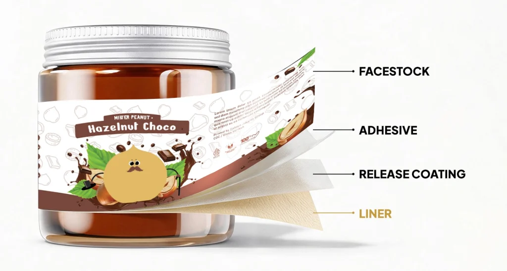 Jar of hazelnut chocolate spread with an illustrated label peeling back to reveal its four layers (facestock, adhesive, release coating, liner) and a cute hazelnut cartoon on the label.