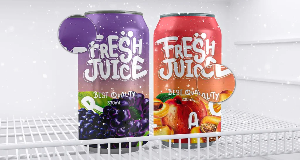 Two colorful juice cans on a white fridge shelf: a purple grape-flavored 'Fresh Juice' can beside a red mixed-fruit can, both labeled 'Best Quality 330ml' with a snowy background.