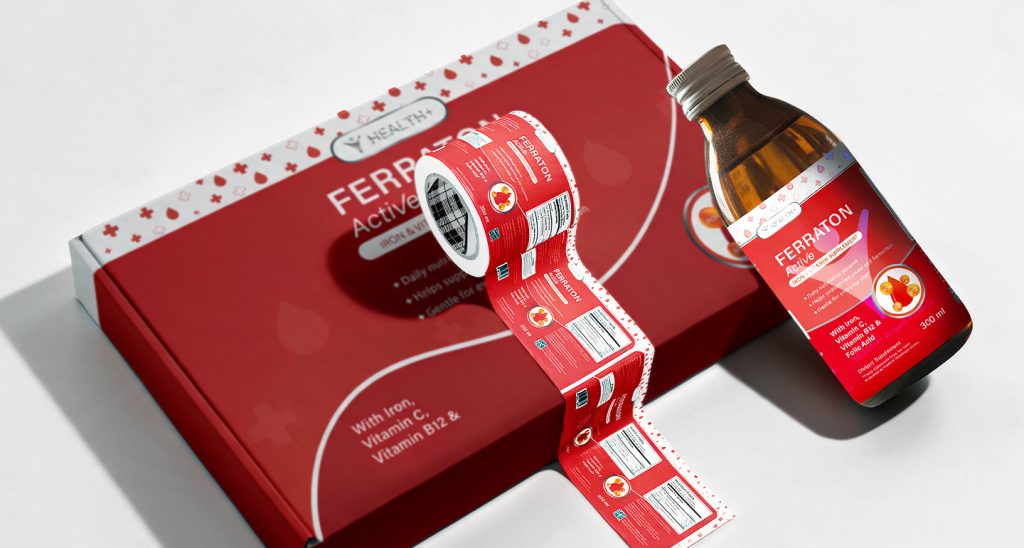Ferraton Active dietary supplement set with a red box, bottle, and trailing product labels on a white surface.
