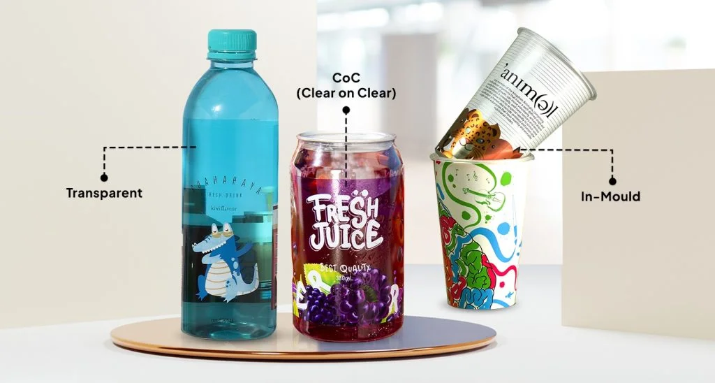 Three drink containers illustrating packaging types: a transparent bottle, a clear-on-clear can, and an in-mould cup on a display surface.
